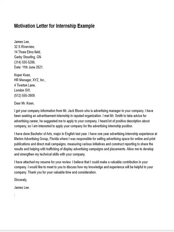 Motivation Letter for Internship 06 Motivation Letter for Internship 06